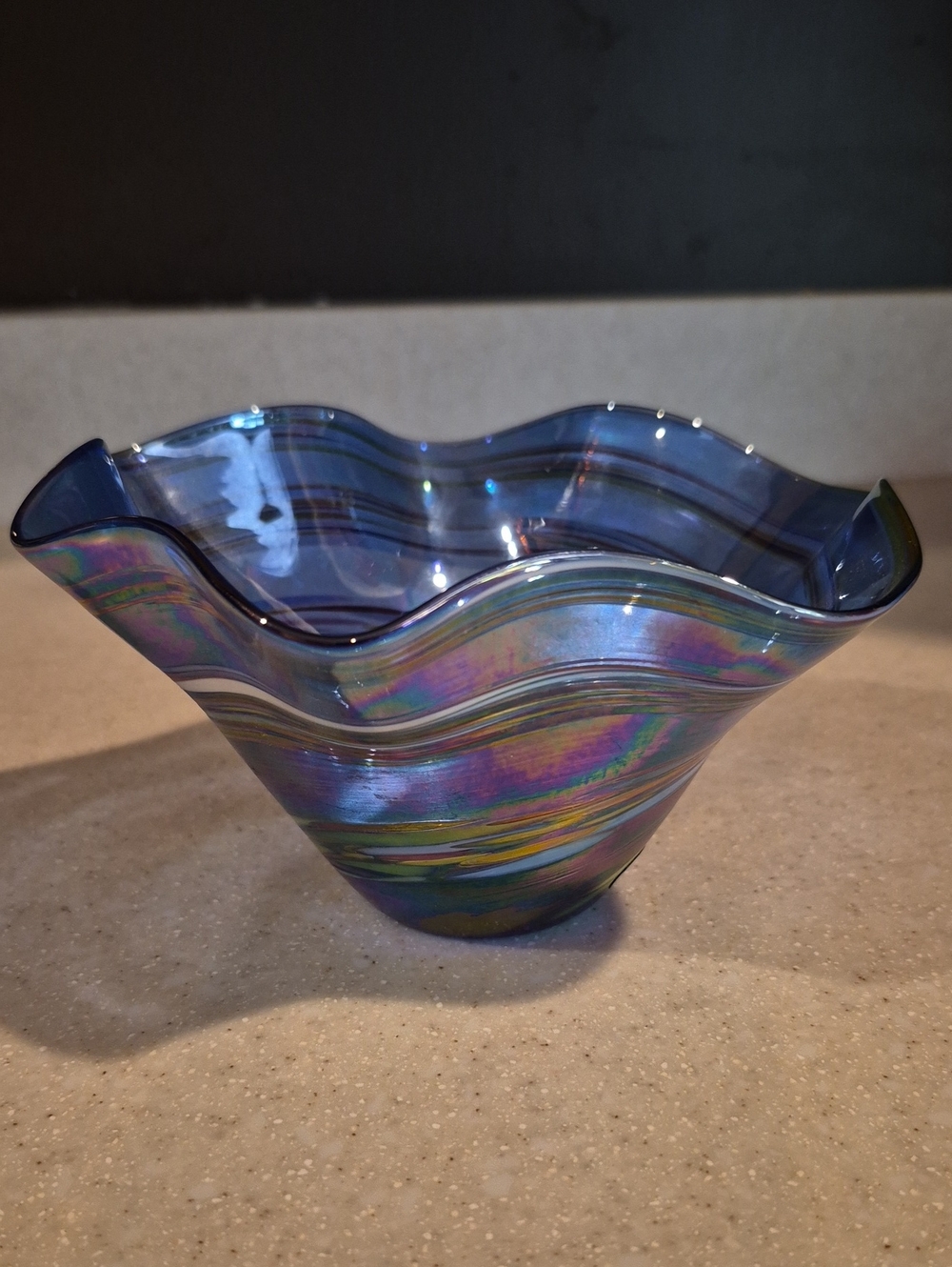 Iridescent Blue Hand-Blown Glass Bowl - Home Art